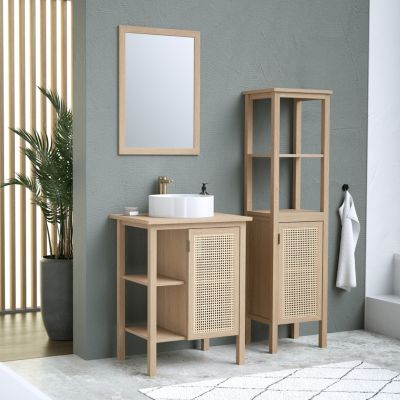 Meuble sous vasque à poser avec plan de toilette l.61 x H.80 x P.50 cm, placage chêne et cannage, 1 porte, Thiam
