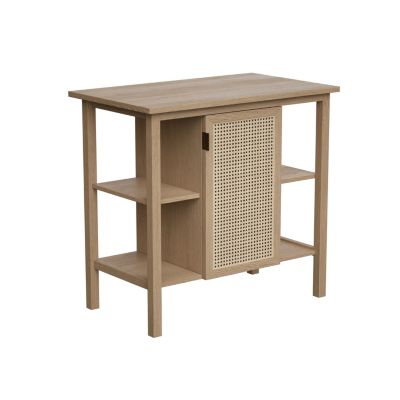 Meuble sous vasque à poser avec plan de toilette l.84 x H.80 x P.50 cm, placage chêne et cannage, 1 porte, Thiam