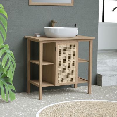 Meuble sous vasque à poser avec plan de toilette l.84 x H.80 x P.50 cm, placage chêne et cannage, 1 porte, Thiam