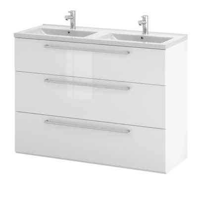 Meuble sous vasque à poser blanc brillant l.120 cm 3 tiroirs Imandra + plan double vasque blanc céramique Nira, GoodHome