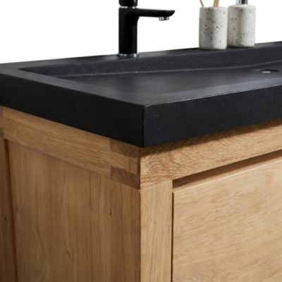 Meuble sous vasque à poser chêne massif et plaqué chêne l.140 cm + plan vasque en quartz composite noir, Cooke & Lewis Harmon