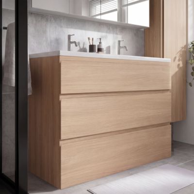 Meuble sous vasque à poser effet chêne clair l.120 cm 3 tiroirs Imandra + plan double vasque blanc céramique Levanna, GoodHome