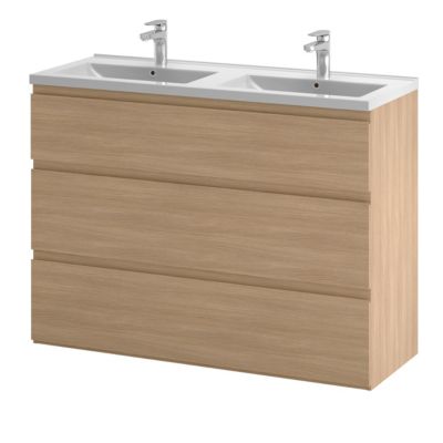 Meuble sous vasque à poser effet chêne clair l.120 cm 3 tiroirs Imandra + plan double vasque blanc céramique Nira, GoodHome