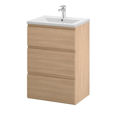 Meuble sous vasque à poser effet chêne clair l.60 cm 3 tiroirs Imandra + plan vasque blanc céramique Nira, GoodHome