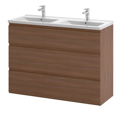 Meuble sous vasque à poser effet chêne foncé l.120 cm 3 tiroirs Imandra + plan double vasque blanc céramique Nira, GoodHome