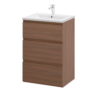 Meuble sous vasque à poser effet chêne foncé l.60 cm 3 tiroirs Imandra + plan vasque blanc céramique Nira, GoodHome