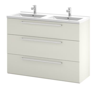 Meuble sous vasque à poser gris galet l.120 cm 3 tiroirs Imandra + plan double vasque blanc céramique Nira, GoodHome