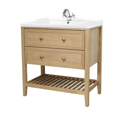 Meuble sous vasque à poser l.80 x H.80,6 x P.45 cm, 2 tiroirs, placage chêne, GoodHome Perma