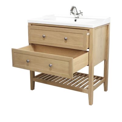 Meuble sous vasque à poser l.80 x H.80,6 x P.45 cm, 2 tiroirs, placage chêne, GoodHome Perma