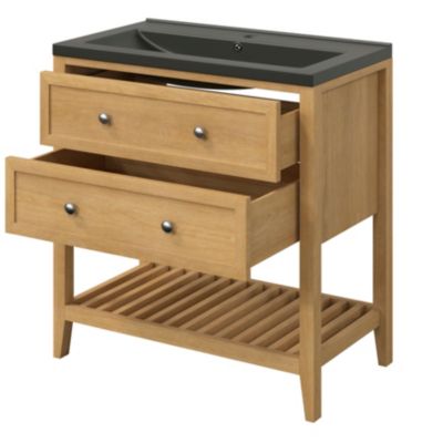 Meuble sous vasque à poser l.80 x H.80,6 x P.45 cm, 2 tiroirs, placage chêne, GoodHome Perma