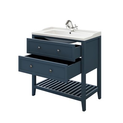 Meuble sous vasque à poser l.80 x H.80 x P.45 cm, bleu mat, 2 tiroirs, GoodHome Perma