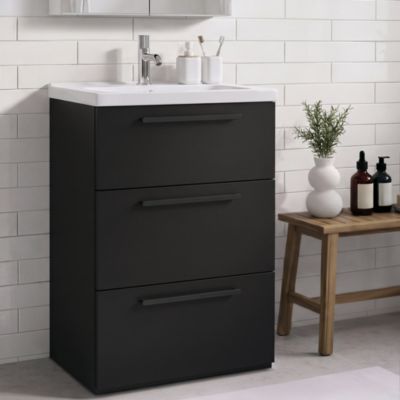 Meuble sous vasque à poser noir mat l.60 cm 3 tiroirs Imandra + plan vasque blanc céramique Levanna, GoodHome