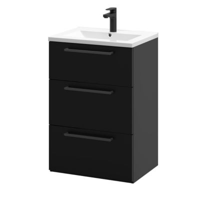 Meuble sous vasque à poser noir mat l.60 cm 3 tiroirs Imandra + plan vasque blanc céramique Nira, GoodHome