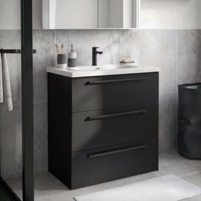 Meuble sous vasque à poser noir mat l.80 cm 3 tiroirs Imandra + plan vasque blanc résine Cavally, GoodHome