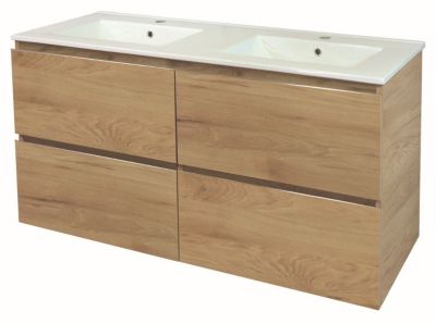 Meuble sous vasque à suspendre 4 tiroirs l.121,5 cm avec plan double vasque céramique, effet bois, Ondee Trendy