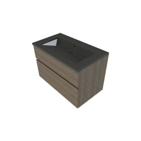 Meuble sous vasque à suspendre Calao aspect chêne fumé 90 cm + plan vasque en résine noir