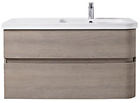 Meuble sous vasque à suspendre Cooke & Lewis Voluto bois grisé version droite 105 cm + plan vasque en résine