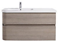 Meuble sous vasque à suspendre Cooke & Lewis Voluto bois grisé version gauche 105 cm + plan vasque en résine