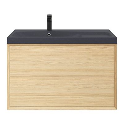 Meuble sous vasque à suspendre GoodHome Avela placage chêne 100 cm + Plan vasque en résine noir Mila