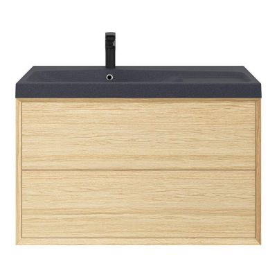 Meuble sous vasque à suspendre GoodHome Avela placage chêne 100 cm + Plan vasque en résine noir Mila