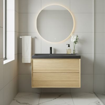 Meuble sous vasque à suspendre GoodHome Avela placage chêne 100 cm + Plan vasque en résine noir Mila