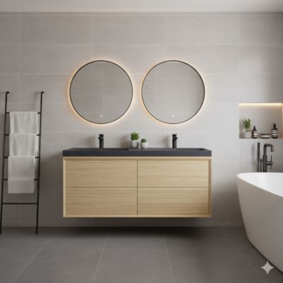 Meuble sous vasque à suspendre GoodHome Avela placage chêne 120 cm + Plan vasque en résine noir Mila