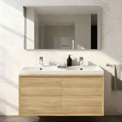 Meuble sous vasque à suspendre GoodHome Avela placage chêne 120 cm + plan vasque Mila