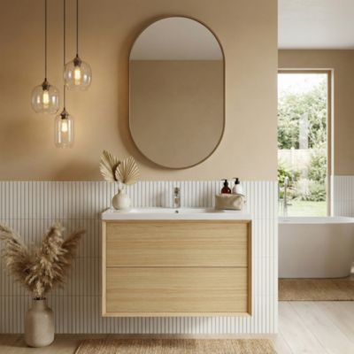 Meuble sous vasque à suspendre GoodHome Avela placage chêne 80 cm + plan vasque Nira