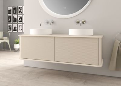 Meuble sous-vasque à suspendre l.141 cm avec plan de toilette et 2 vasques à poser, beige coton, Idra