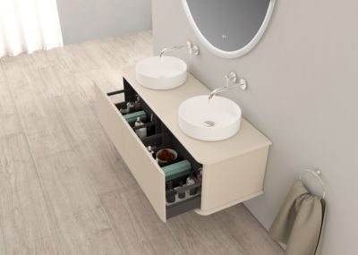 Meuble sous-vasque à suspendre l.141 cm avec plan de toilette et 2 vasques à poser, beige coton, Idra