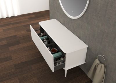 Meuble sous-vasque à suspendre l.141 cm avec plan de toilette et pieds H.29 cm, blanc mat, Idra