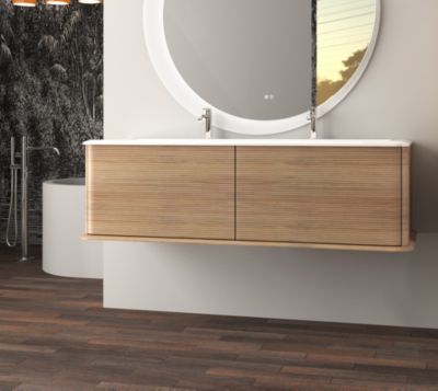 Meuble sous-vasque à suspendre l.141 cm avec plan vasque résine, effet chêne tabac, Idra