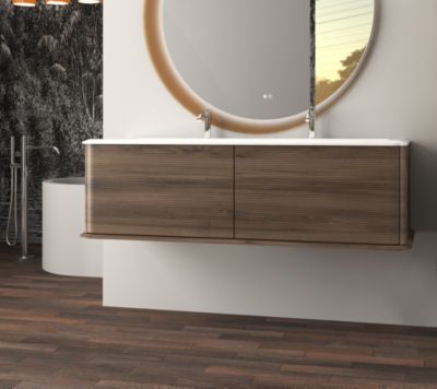 Meuble sous-vasque à suspendre l.141 cm avec plan vasque résine, effet noyer, Idra