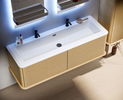 Meuble sous-vasque à suspendre l.141 cm avec plan vasque résine et pieds H.43 cm, effet chêne tabac, Idra