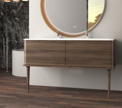 Meuble sous-vasque à suspendre l.141 cm avec plan vasque résine et pieds H.43 cm, effet noyer, Idra