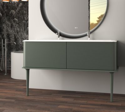 Meuble sous-vasque à suspendre l.141 cm avec plan vasque résine et pieds H.43 cm, vert mat, Idra