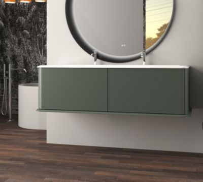 Meuble sous-vasque à suspendre l.141 cm avec plan vasque résine, vert mat, Idra