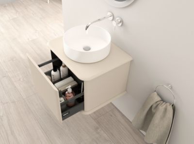 Meuble sous-vasque à suspendre l.61 cm avec plan de toilette et vasque à poser, beige coton, Idra