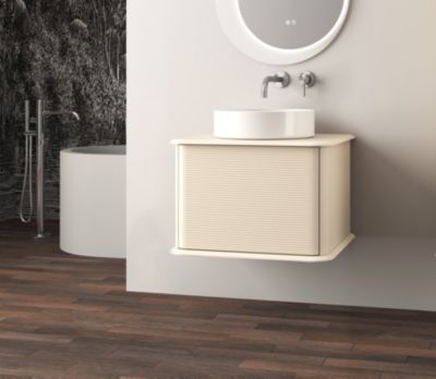 Meuble sous-vasque à suspendre l.61 cm avec plan de toilette et vasque à poser, beige coton, Idra