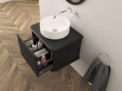 Meuble sous-vasque à suspendre l.61 cm avec plan de toilette et vasque à poser, noir mat, Idra