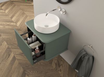 Meuble sous-vasque à suspendre l.61 cm avec plan de toilette et vasque à poser, vert mat, Idra