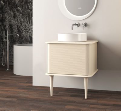 Meuble sous-vasque à suspendre l.61 cm avec plan de toilette, vasque à poser et pieds H.29 cm, beige coton, Idra