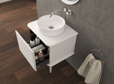 Meuble sous-vasque à suspendre l.61 cm avec plan de toilette, vasque à poser et pieds H.29 cm, beige coton, Idra