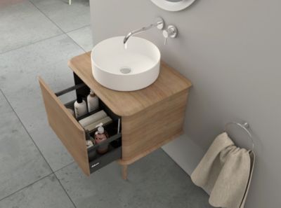 Meuble sous-vasque à suspendre l.61 cm avec plan de toilette, vasque à poser et pieds H.29 cm, effet chêne tabac, Idra