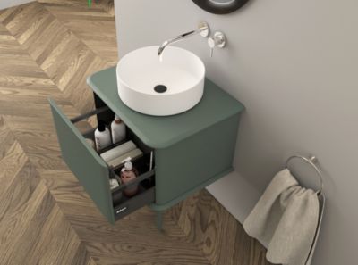 Meuble sous-vasque à suspendre l.61 cm avec plan de toilette, vasque à poser et pieds H.29 cm, vert mat, Idra