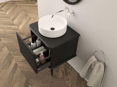 Meuble sous-vasque à suspendre l.61 cm avec plan de toilette, vasque à poser et pieds, noir mat, Idra