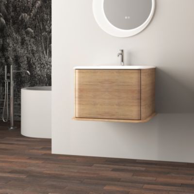 Meuble sous-vasque à suspendre l.61 cm avec plan vasque résine, effet chêne tabac, Idra