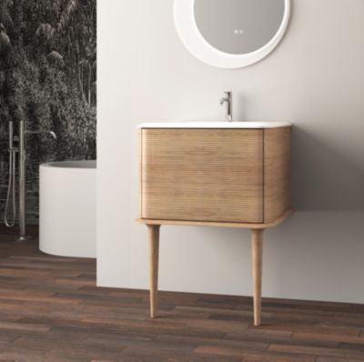 Meuble sous-vasque à suspendre l.61 cm avec plan vasque résine et pieds H.43 cm, effet chêne tabac, Idra