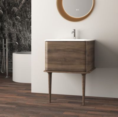 Meuble sous-vasque à suspendre l.61 cm avec plan vasque résine et pieds H.43 cm, effet noyer, Idra