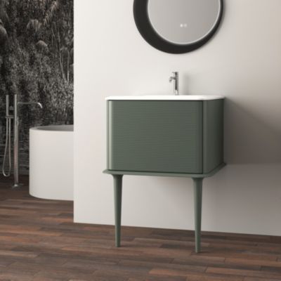 Meuble sous-vasque à suspendre l.61 cm avec plan vasque résine et pieds H.43 cm, vert mat, Idra